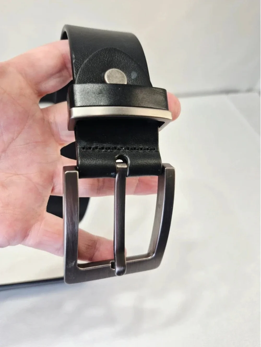 Men's 100% Italian Made Leather Black Belt Brushed Silver 1.5